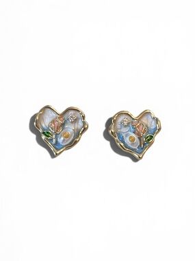 Gold-Edged Pastel Heart Floral Enamel Stud Earrings - Blue & Pink